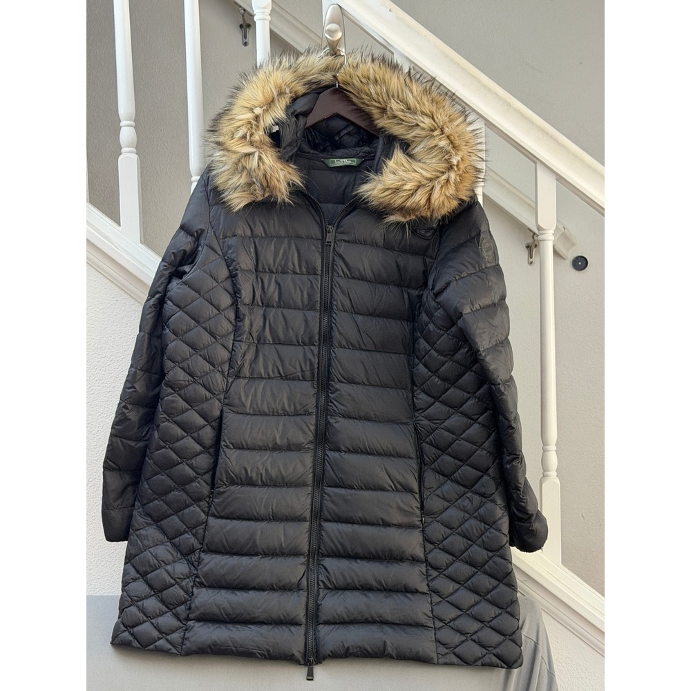 Lauren Ralph Lauren Active Black Quilted Puffer Coat Faux Fur Hood Trim